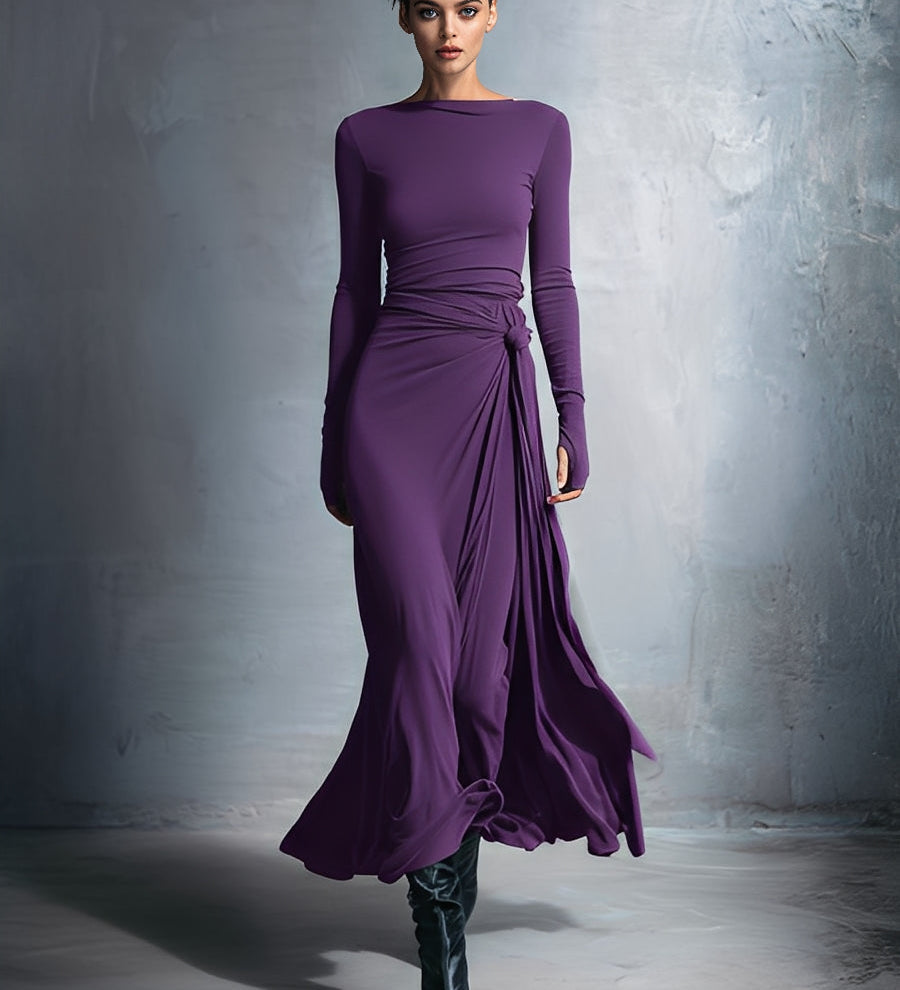 Női Szürke Kiváló Stretch Vegyes Szövet Wrap Ruha - Csomós Maxi Ruha
