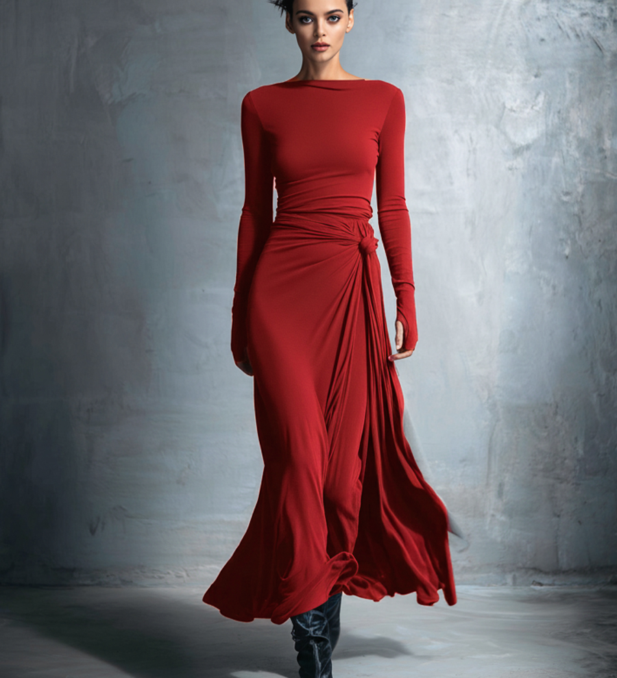 Női Szürke Kiváló Stretch Vegyes Szövet Wrap Ruha - Csomós Maxi Ruha