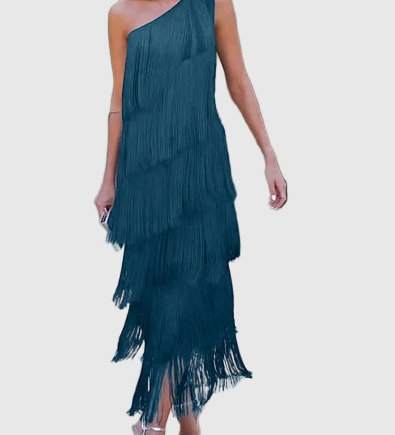 Maya - vállról lecsúszó elegáns rojtos ruha