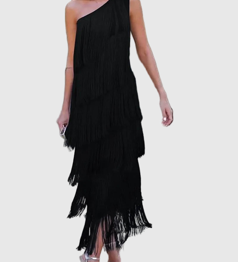 Maya - vállról lecsúszó elegáns rojtos ruha