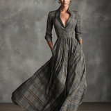 Női Szürke Elegáns Tartan Mintás Vászonkeverék Bővülő Maxi Ruha