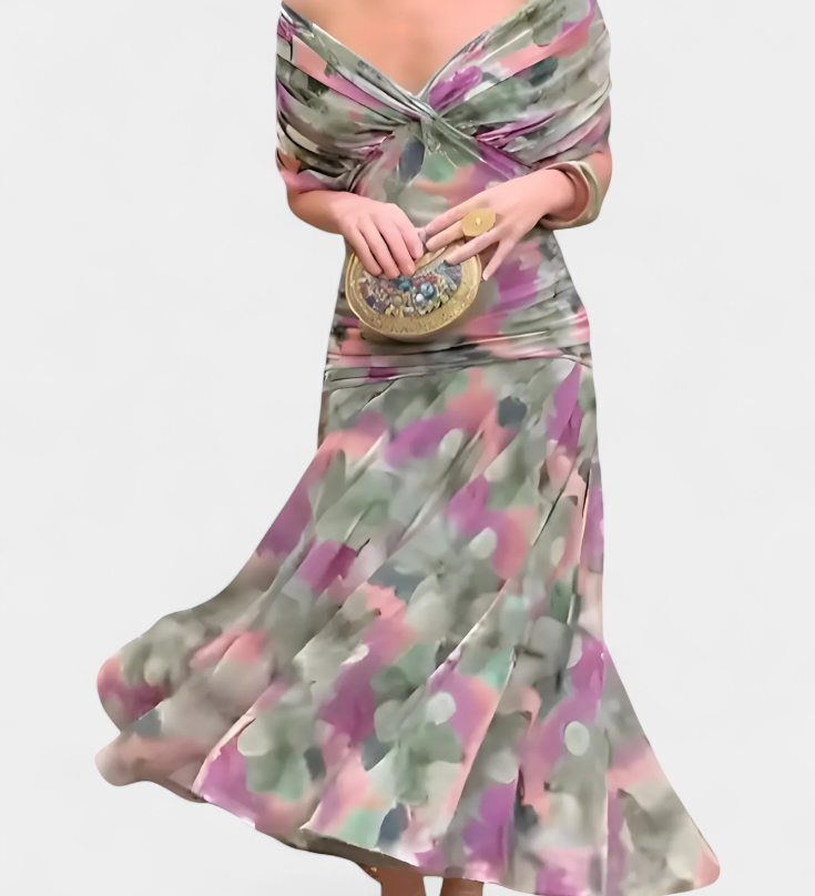 Florendra | Hosszú Virágmintás V Nyakú Ruha