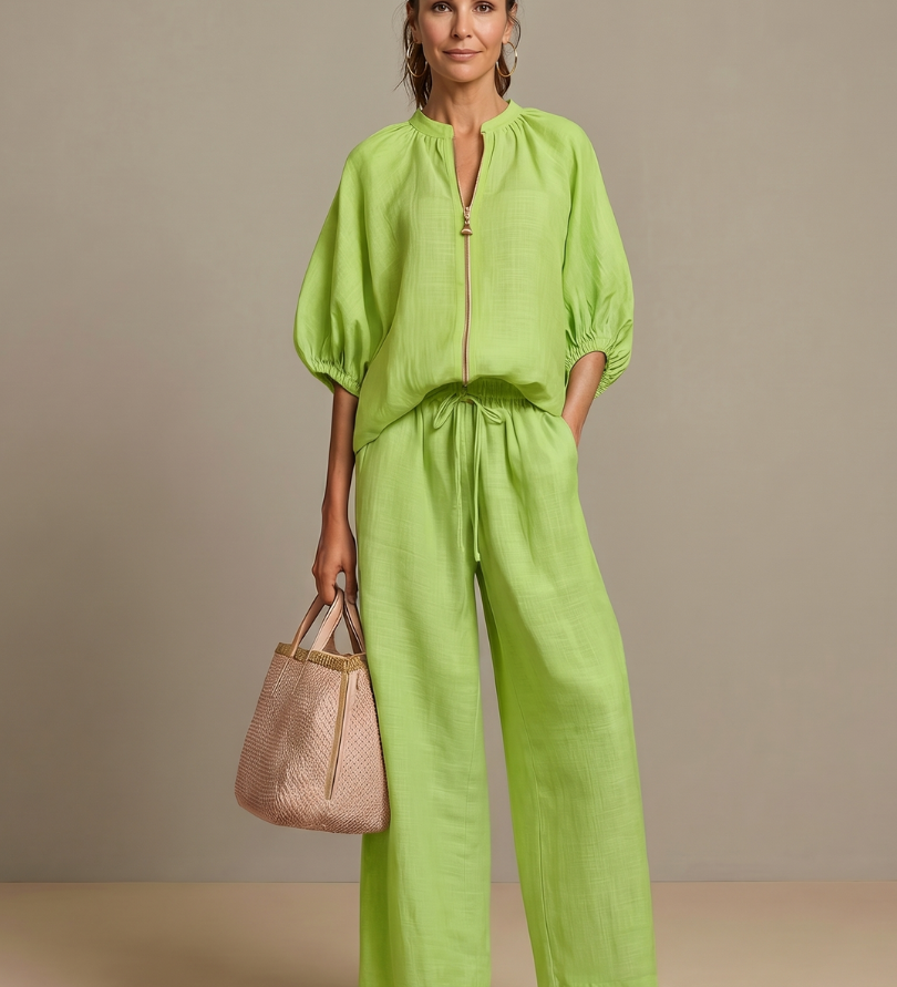 Natalia | Elöl cipzáras blouson felső, széles szárú nadrág szett