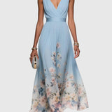 Rózsa | Világoskék Virágmintás Chiffon V-Nyakú Maxi Ruha