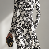 Női Fekete és Fehér Mintás Stretch Blend Wrap Ruha