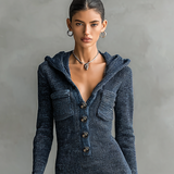 Női Slim-fit Kapucnis Kötött Maxi Ruha