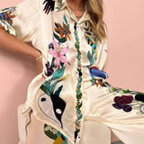 Nika | Resort Vibes selyem egyedi nyomtatású ing és nadrág szett Fit