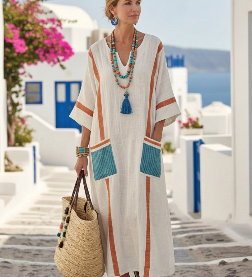 Noemi | V Nyakú Fél Ujjú Zsebes Maxi Ruha