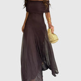 Váll nélküli chiffon maxi ruha