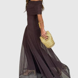 Váll nélküli chiffon maxi ruha
