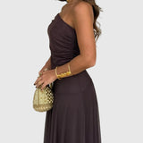 Váll nélküli chiffon maxi ruha