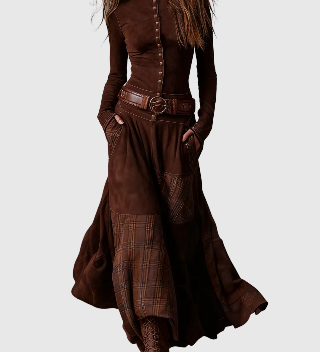 Leonora | Vintage Hosszú Ruha Tengerészkék Suede Kockás (Övet Tartalmaz)