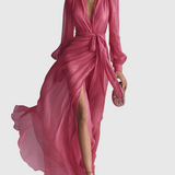 Beatrice | Elegáns Chiffon V-nyakú, Derékra Kötős Hosszú Ruha