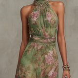 Firenze | Zöld Virágos Chiffon Halter Maxi Ruha