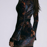 Virágmintás V-nyakú Velúr Csipke Trim Slim-fit mini-ruha
