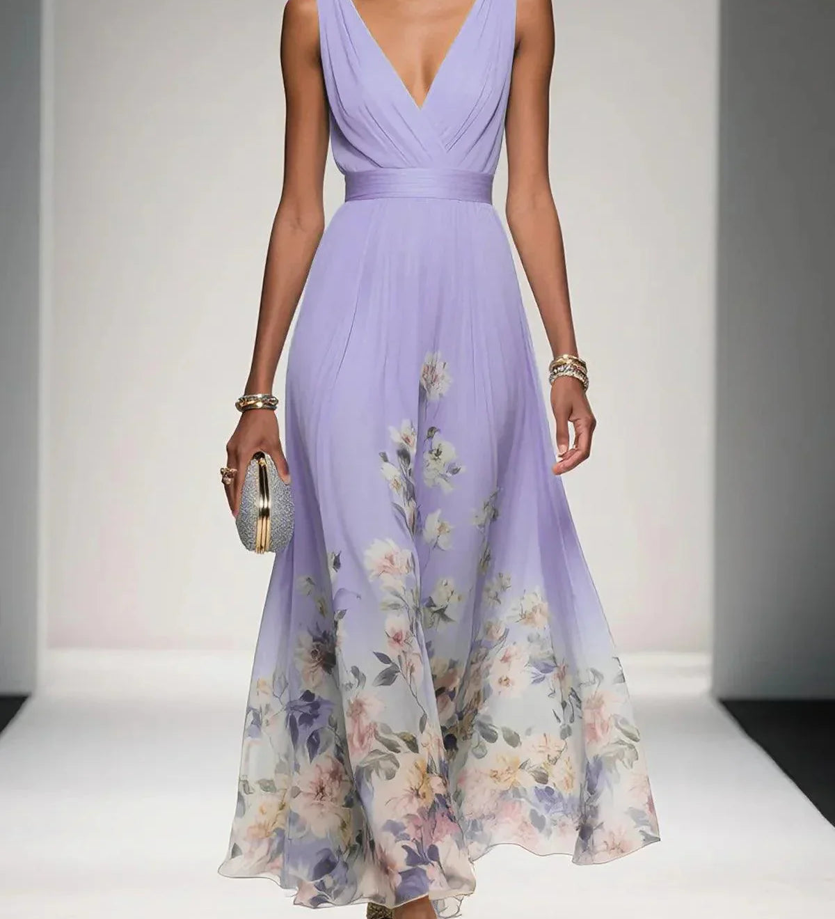 Rózsa | Világoskék Virágmintás Chiffon V-Nyakú Maxi Ruha
