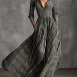 Női Szürke Elegáns Tartan Mintás Vászonkeverék Bővülő Maxi Ruha