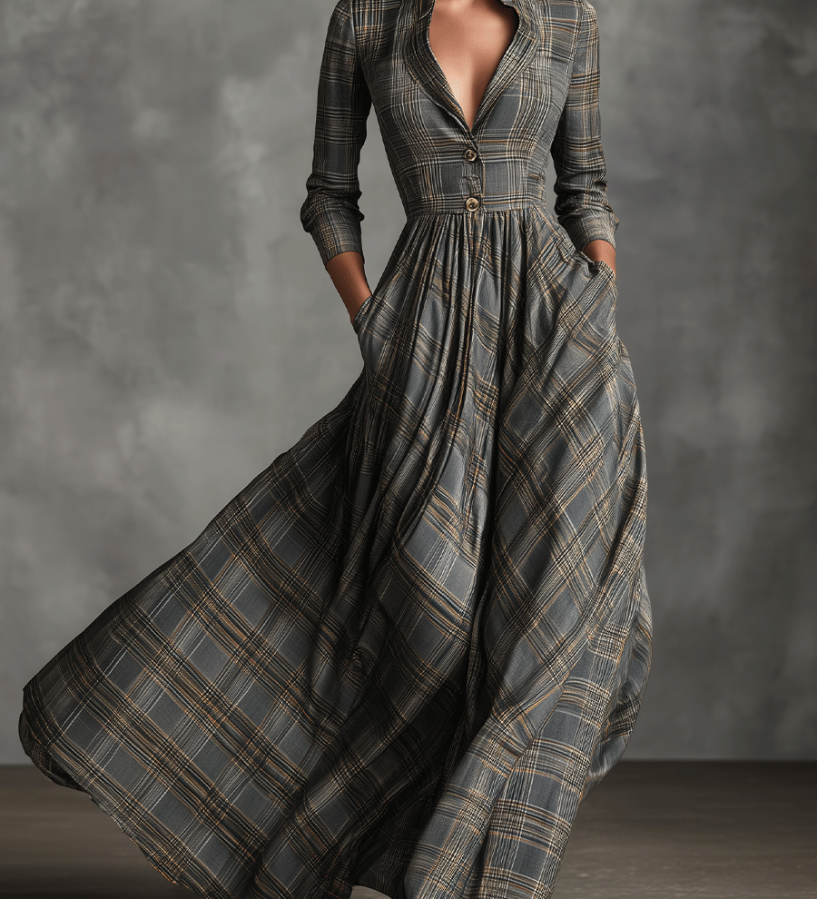 Női Szürke Elegáns Tartan Mintás Vászonkeverék Bővülő Maxi Ruha