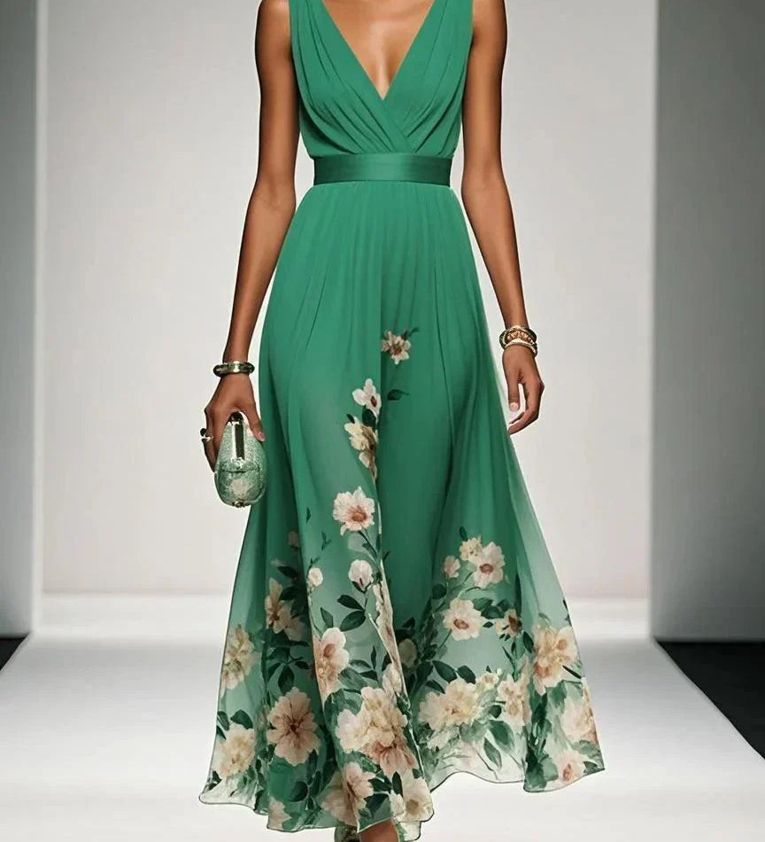 Rózsa | Világoskék Virágmintás Chiffon V-Nyakú Maxi Ruha