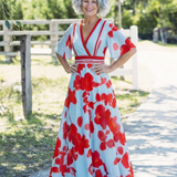 Corinne | V Nyakú Rövid Ujjú Virágmintás Maxi Ruha