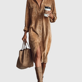 Női Laza Kordbársony Két Zsebes Egygombos Midi Ruha