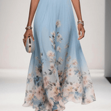 Rózsa | Világoskék Virágmintás Chiffon V-Nyakú Maxi Ruha