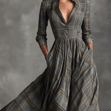 Női Szürke Elegáns Tartan Mintás Vászonkeverék Bővülő Maxi Ruha
