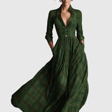 Női Szürke Elegáns Tartan Mintás Vászonkeverék Bővülő Maxi Ruha