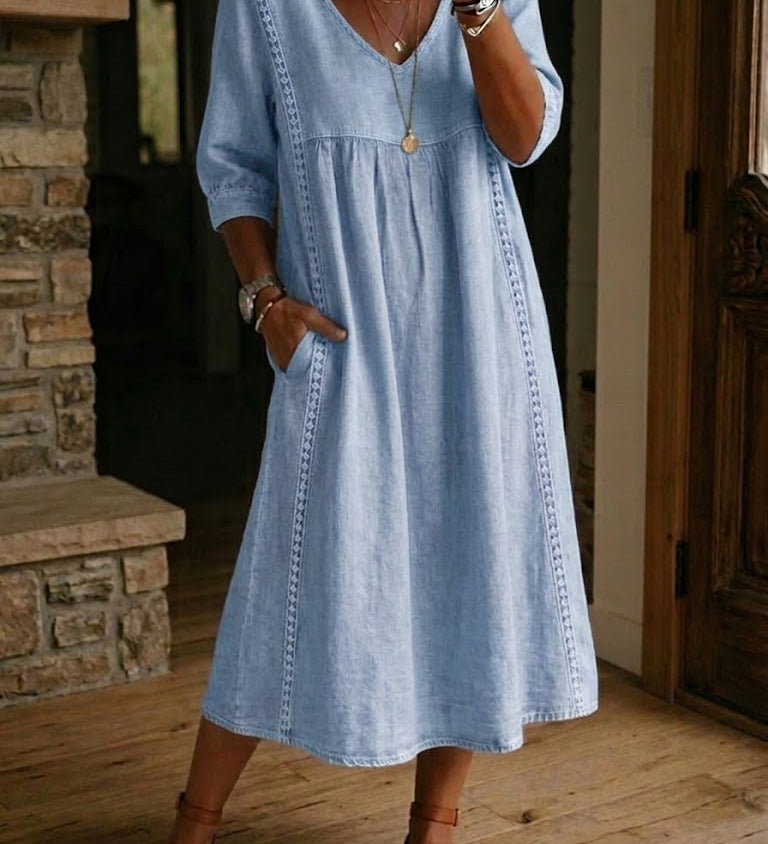 Casual Loose-fitting Patchwork Lace Trim Linen And Cotton Dress