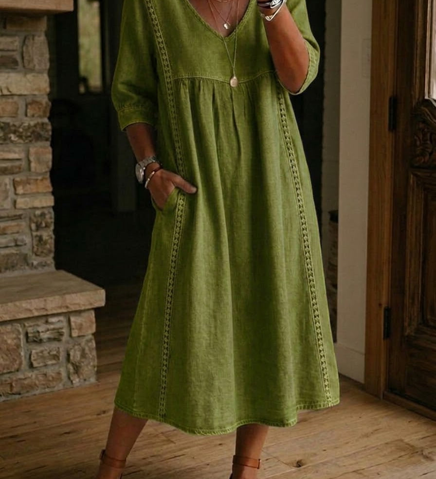 Casual Loose-fitting Patchwork Lace Trim Linen And Cotton Dress