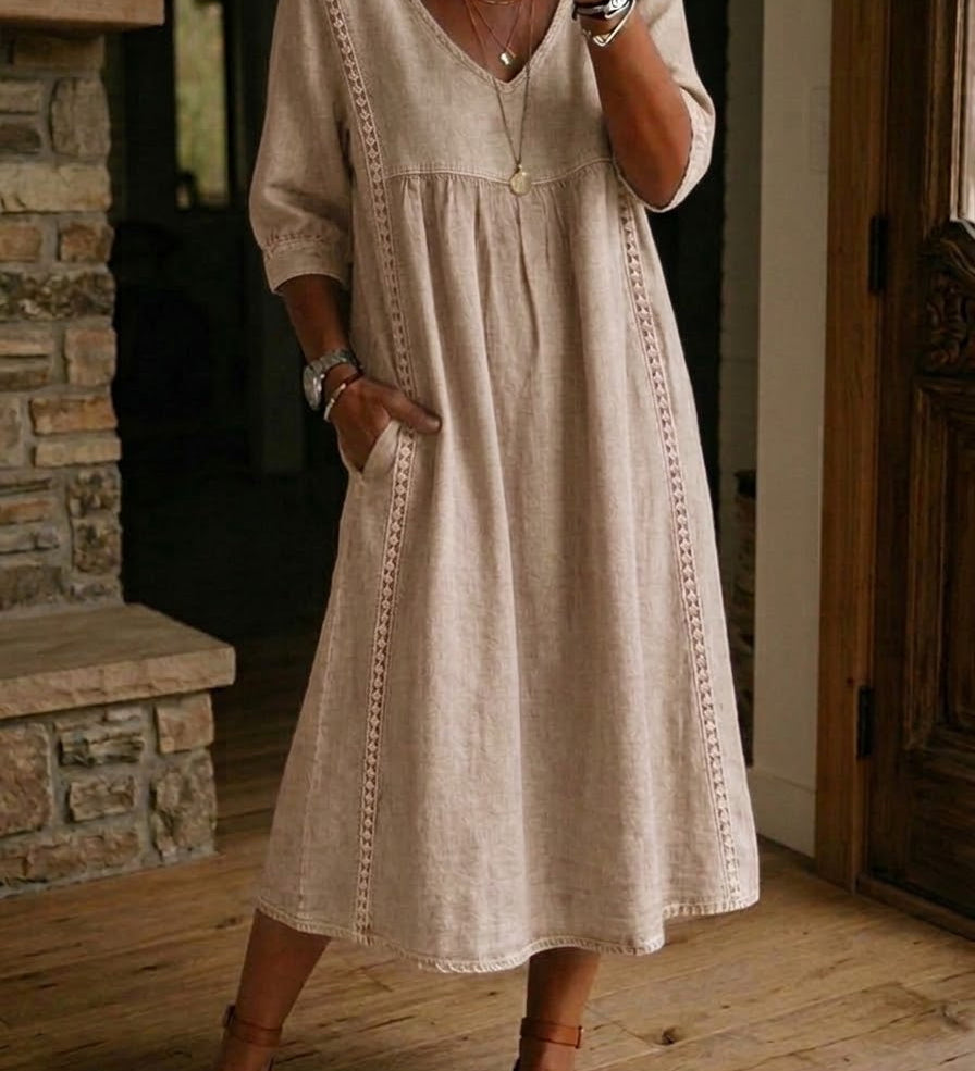 Casual Loose-fitting Patchwork Lace Trim Linen And Cotton Dress