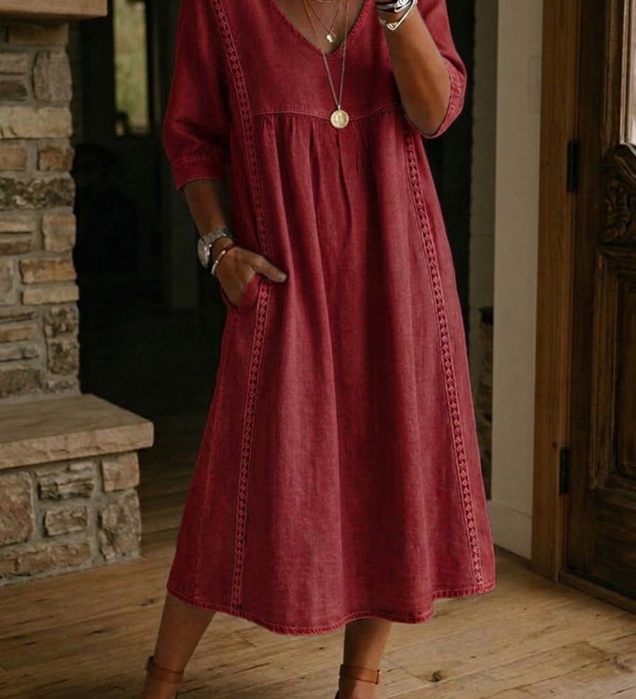 Casual Loose-fitting Patchwork Lace Trim Linen And Cotton Dress