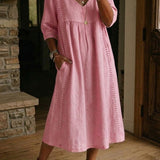 Casual Loose-fitting Patchwork Lace Trim Linen And Cotton Dress