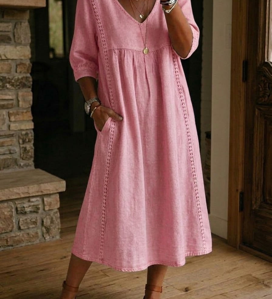 Casual Loose-fitting Patchwork Lace Trim Linen And Cotton Dress