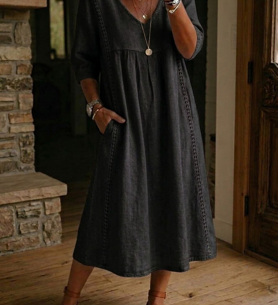 Casual Loose-fitting Patchwork Lace Trim Linen And Cotton Dress
