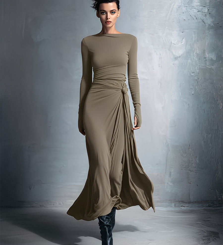 Női Szürke Kiváló Stretch Vegyes Szövet Wrap Ruha - Csomós Maxi Ruha